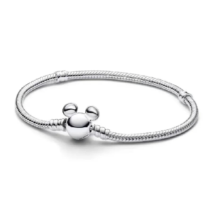 100% S925 Sterling Silver Crown Mickey Snake Bone Bracelet, Suitable for Pandora Bracelets, Ladies' Birthday Jewelry Gifts