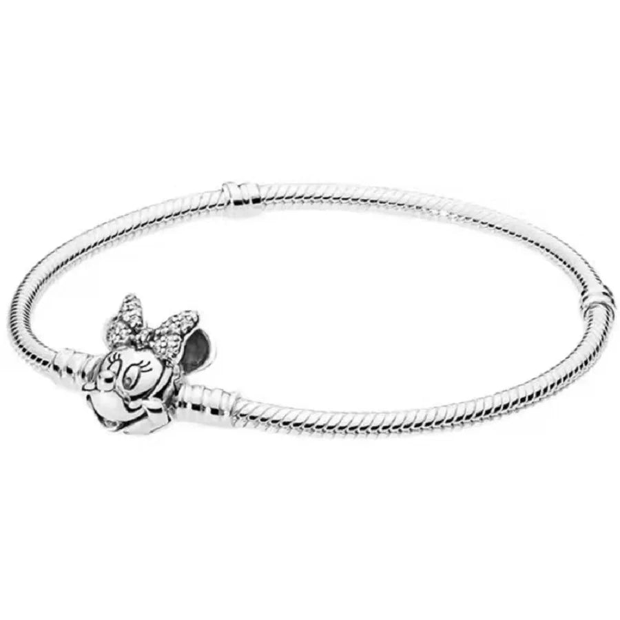 100% S925 Sterling Silver Crown Mickey Snake Bone Bracelet, Suitable for Pandora Bracelets, Ladies' Birthday Jewelry Gifts