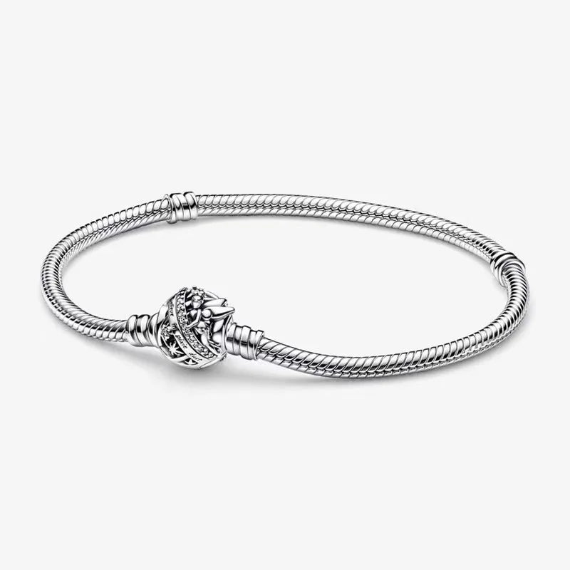 100% S925 Sterling Silver Crown Mickey Snake Bone Bracelet, Suitable for Pandora Bracelets, Ladies' Birthday Jewelry Gifts